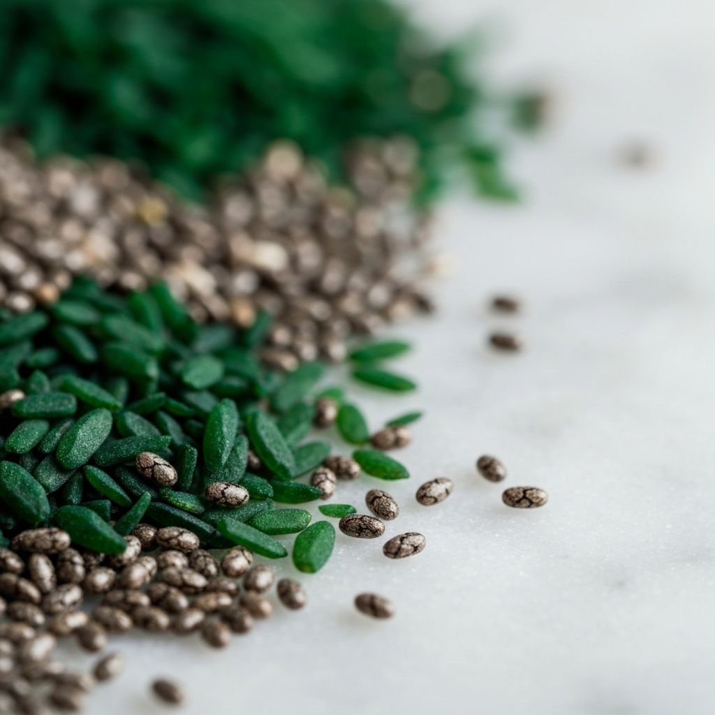Zbliżenie na spirulinę i nasiona chia